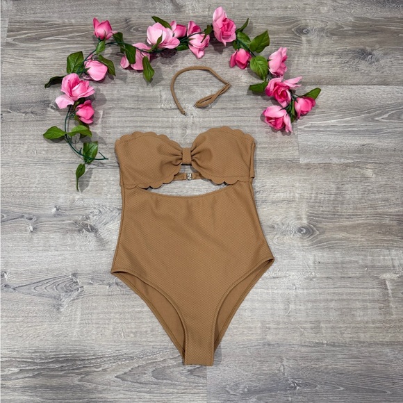 Other - Tan Halter Strapless Scallop One Piece Small High Waisted Bathing Swimsuit
